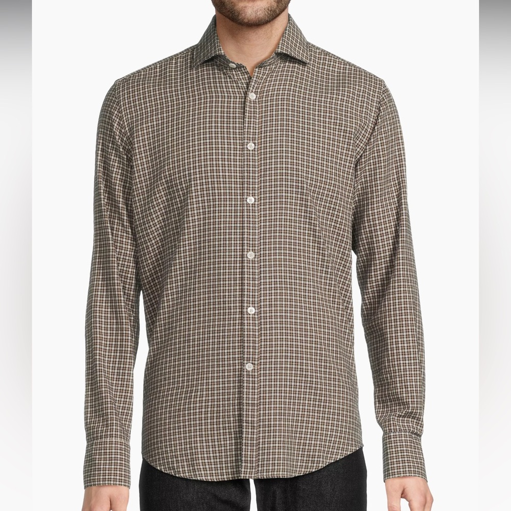 CANALI MENS BUTTON DOWN SPORT SHIRT COTTON TAN CHECK SIZE XL NWOT